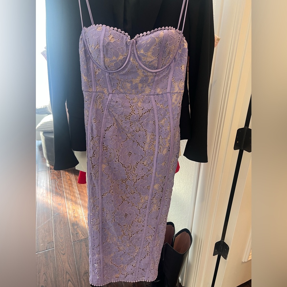 Lavender Lace Corset Midi Dress with Spaghetti Straps